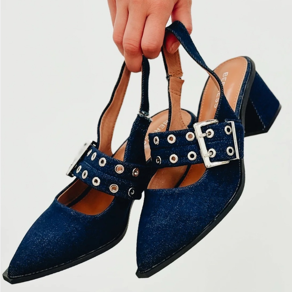 Berness Denim Buckle Heel Loafers - 7.5 US